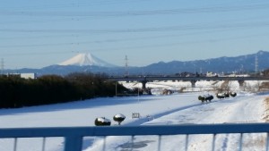 雪の河川敷の向こうに真っ白な富士山